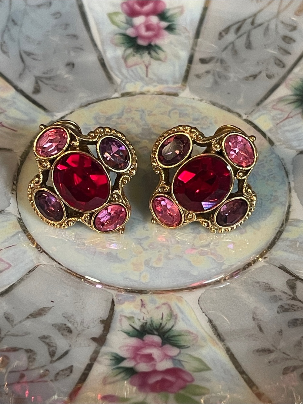 Vintage 1928 Victorian Revival Colorful Glass Rhinestone Clip-On Earrings